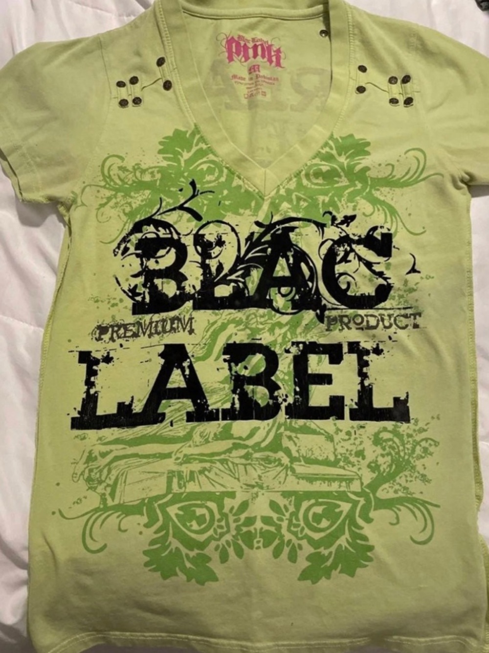 Vintage Black Label Short Sleeve V-Neck Tee in Light Lime with Black Graphic